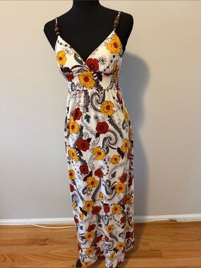Floral Maxi Sundress with Spaghetti Straps - White Yellow Red